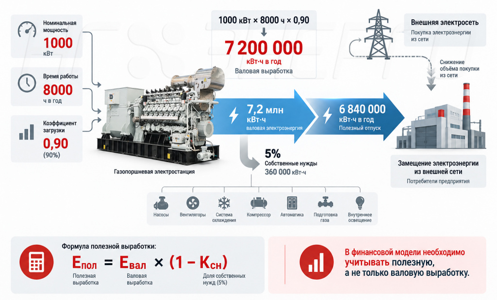 как рассчитывается полезная выработка газопоршневой станции